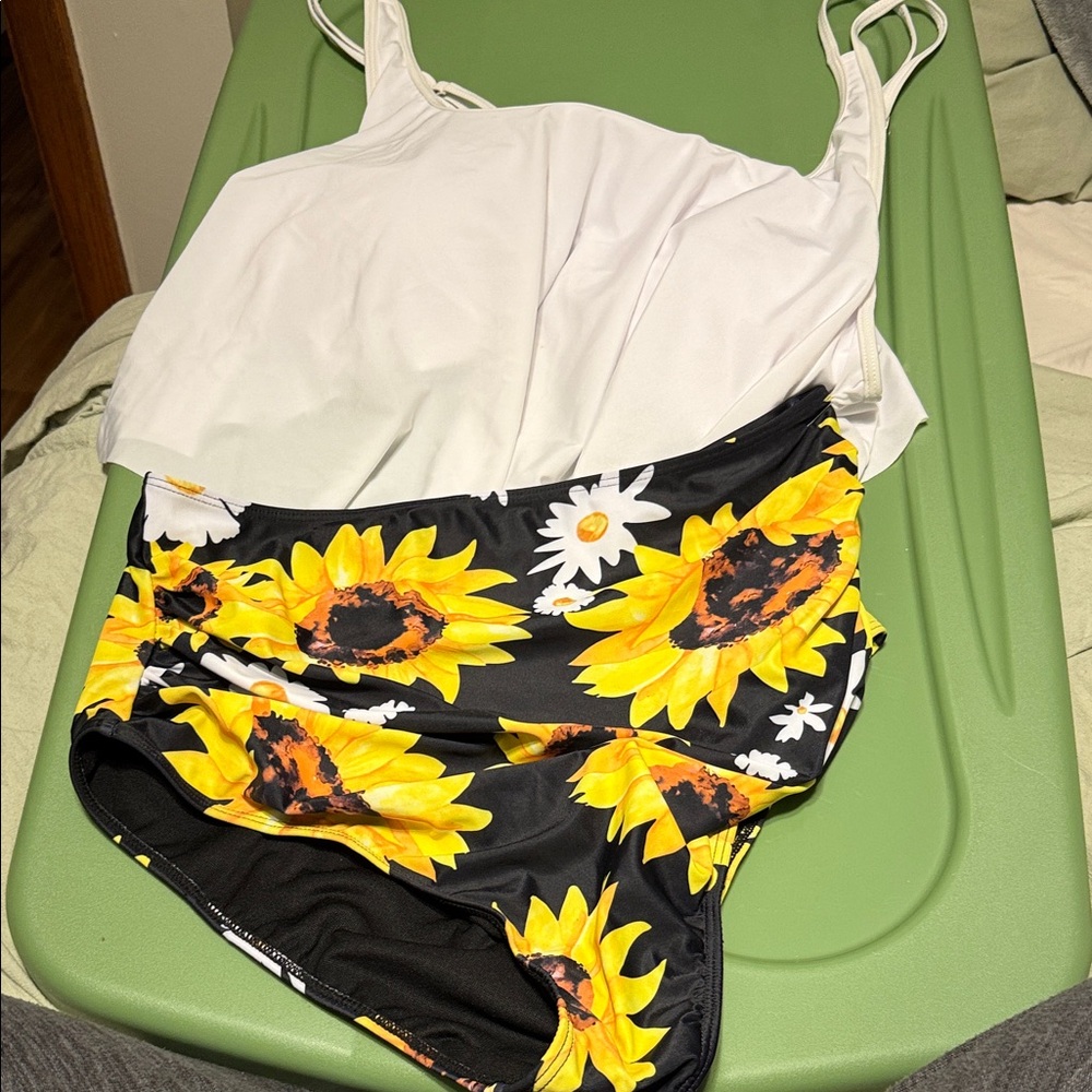 White and Sunflower Print Swimsuit